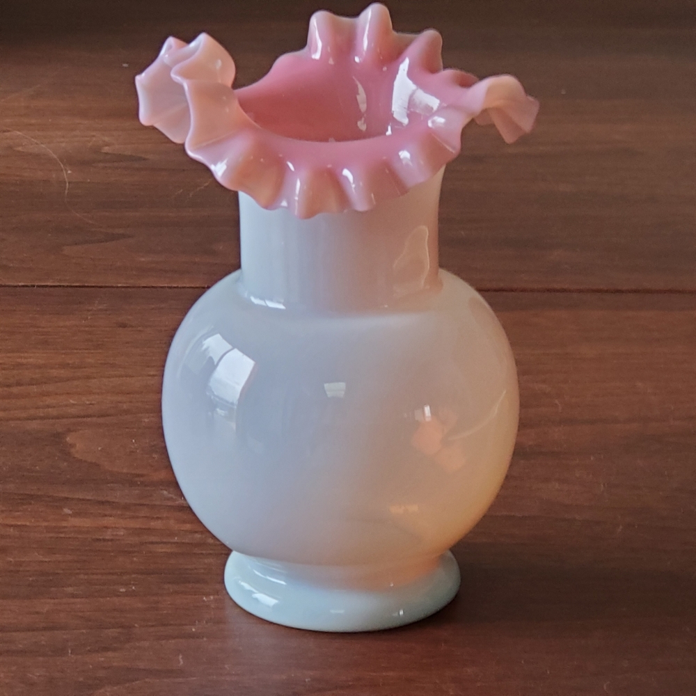 Antique Hand Blown Bristol Translucent Ruffled Pink Tinged Milk Glass Vase